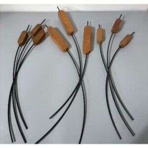 Vtg Set Of 3 Wooden Cattail Plant Black Metal Wire Stem Wall Decor